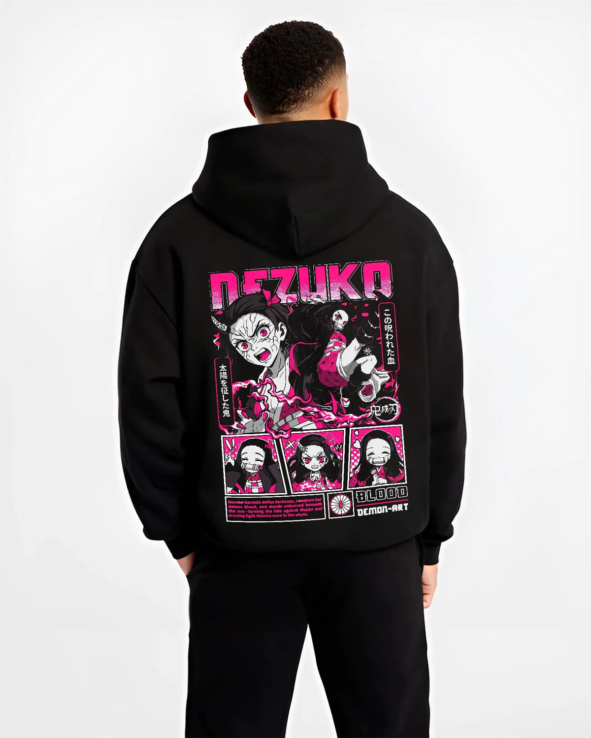 Black hoodie worn by male model from the back featuring Nezuko Kamado blood demon art artwork.
