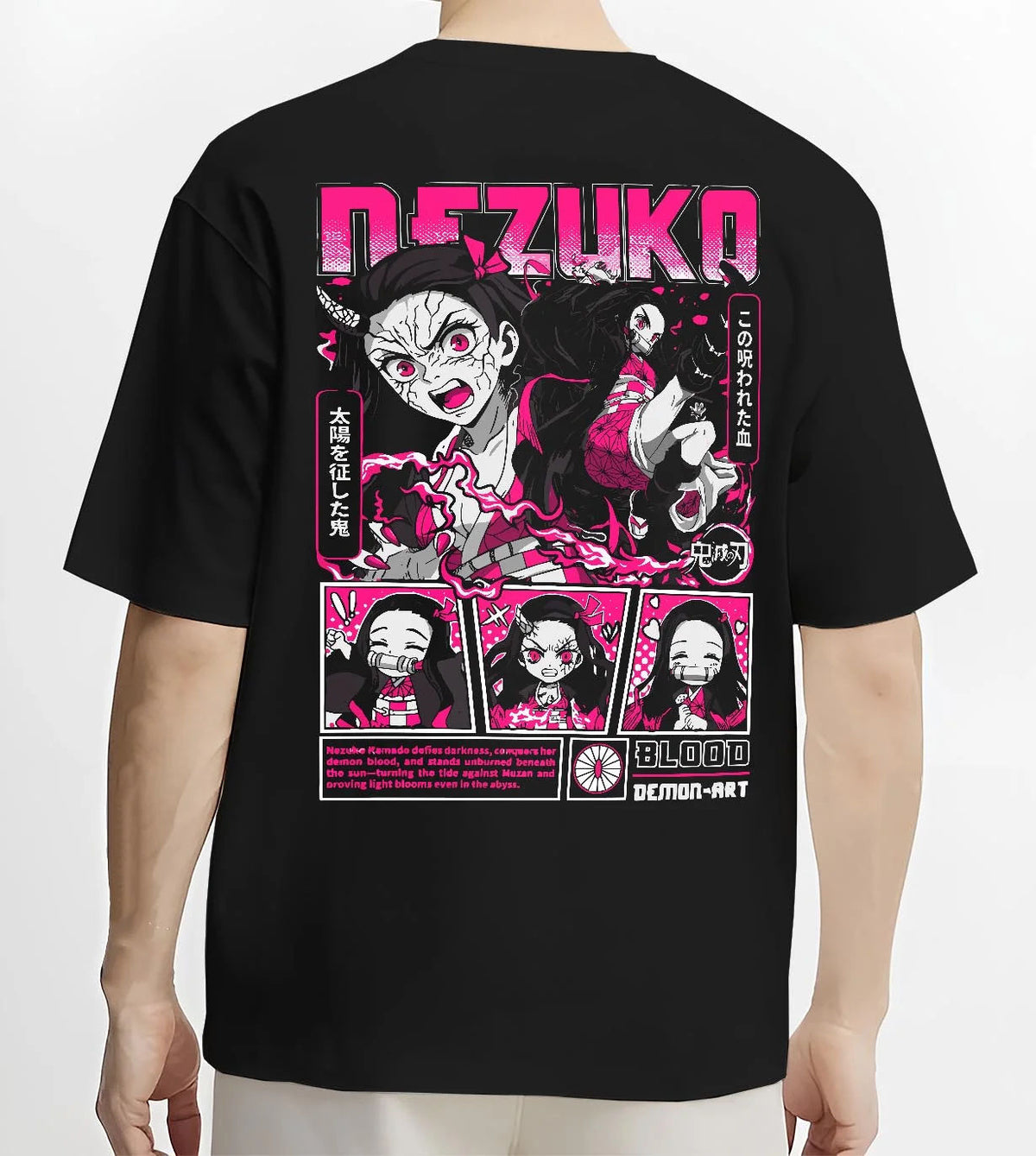Black T-shirt worn by male model from the back featuring Nezuko Kamado blood demon art artwork.
