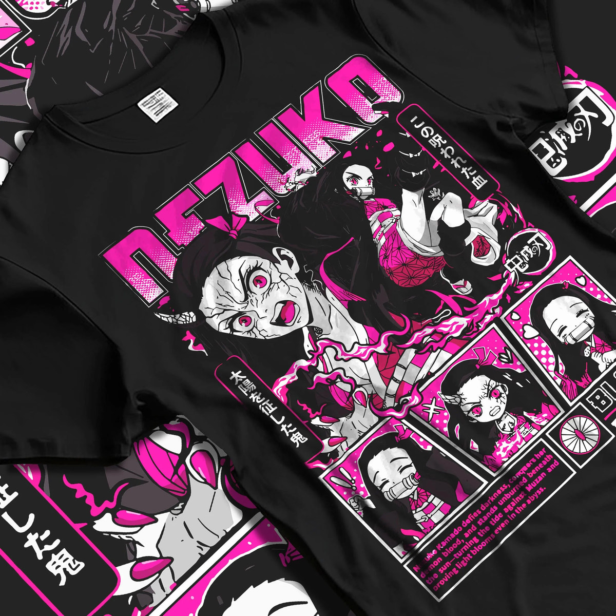 Black T-shirt laid flat with natural folds featuring Nezuko Kamado blood demon art artwork.