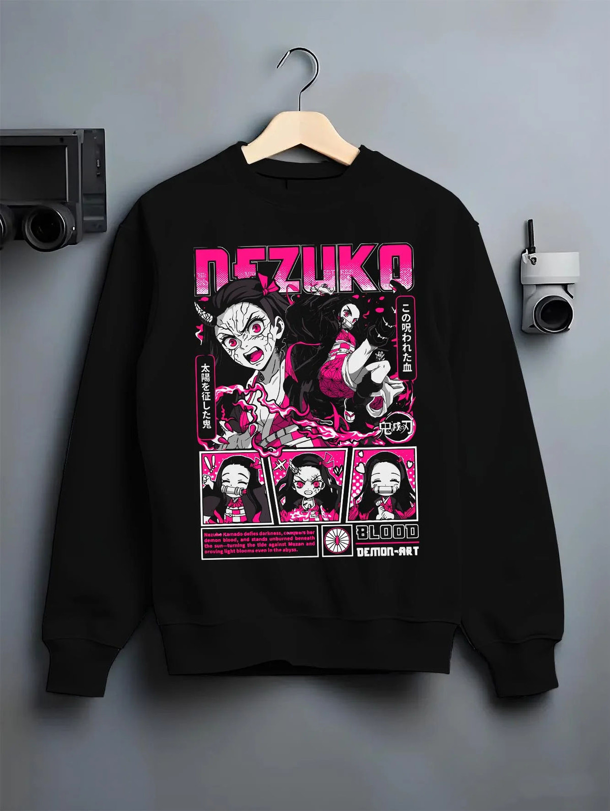 Black crewneck sweatshirt on hanger featuring Nezuko Kamado blood demon art artwork.