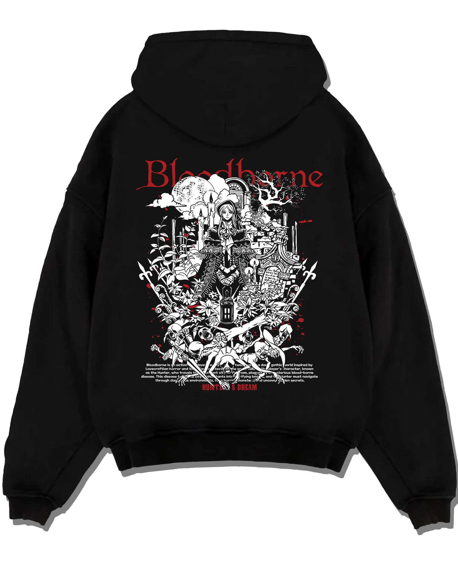 Black pullover hoodie laid flat with Bloodborne Hoodie Gothic Hunter Dark Fantasy Poster graphic streetwear graphic.