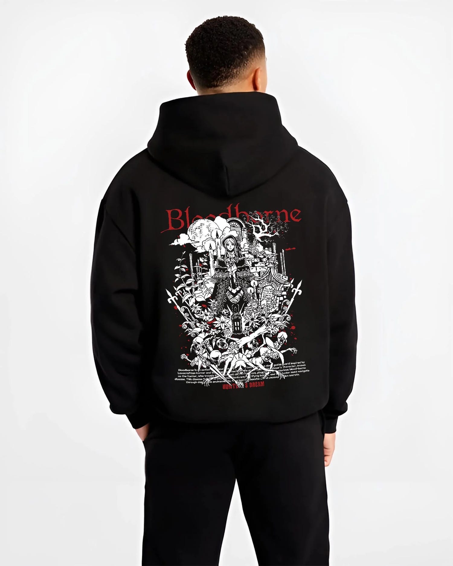 Black hoodie worn by male model, back view with Bloodborne Hoodie Gothic Hunter Dark Fantasy Poster graphic Hunter anime design.