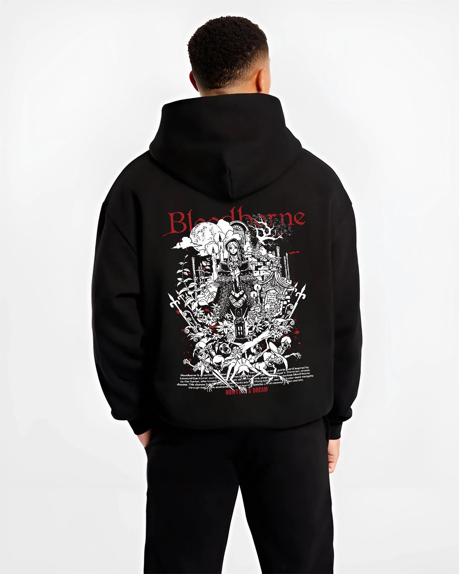 Black hoodie worn by male model, back view with Bloodborne Hoodie Gothic Hunter Dark Fantasy Poster graphic Hunter anime design.