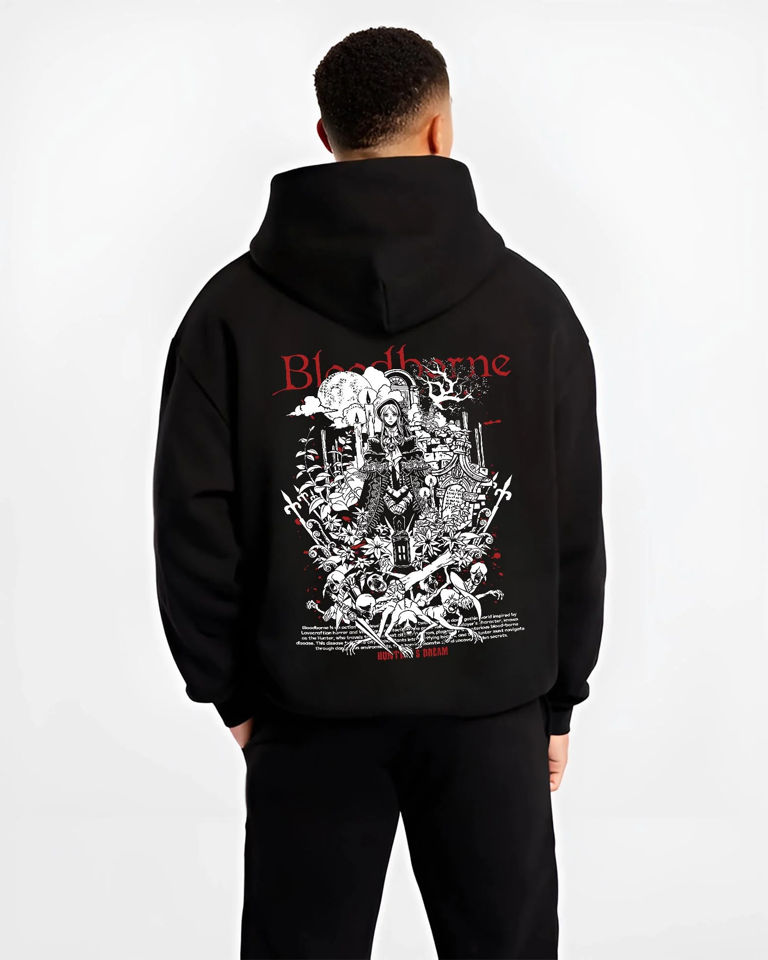 Black hoodie worn by male model, back view with Bloodborne Hoodie Gothic Hunter Dark Fantasy Poster graphic Hunter anime design.
