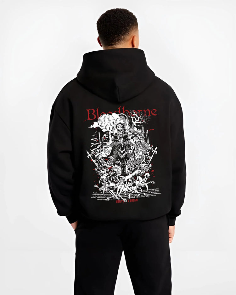 Black hoodie worn by male model, back view with Bloodborne Hoodie Gothic Hunter Dark Fantasy Poster graphic Hunter anime design.