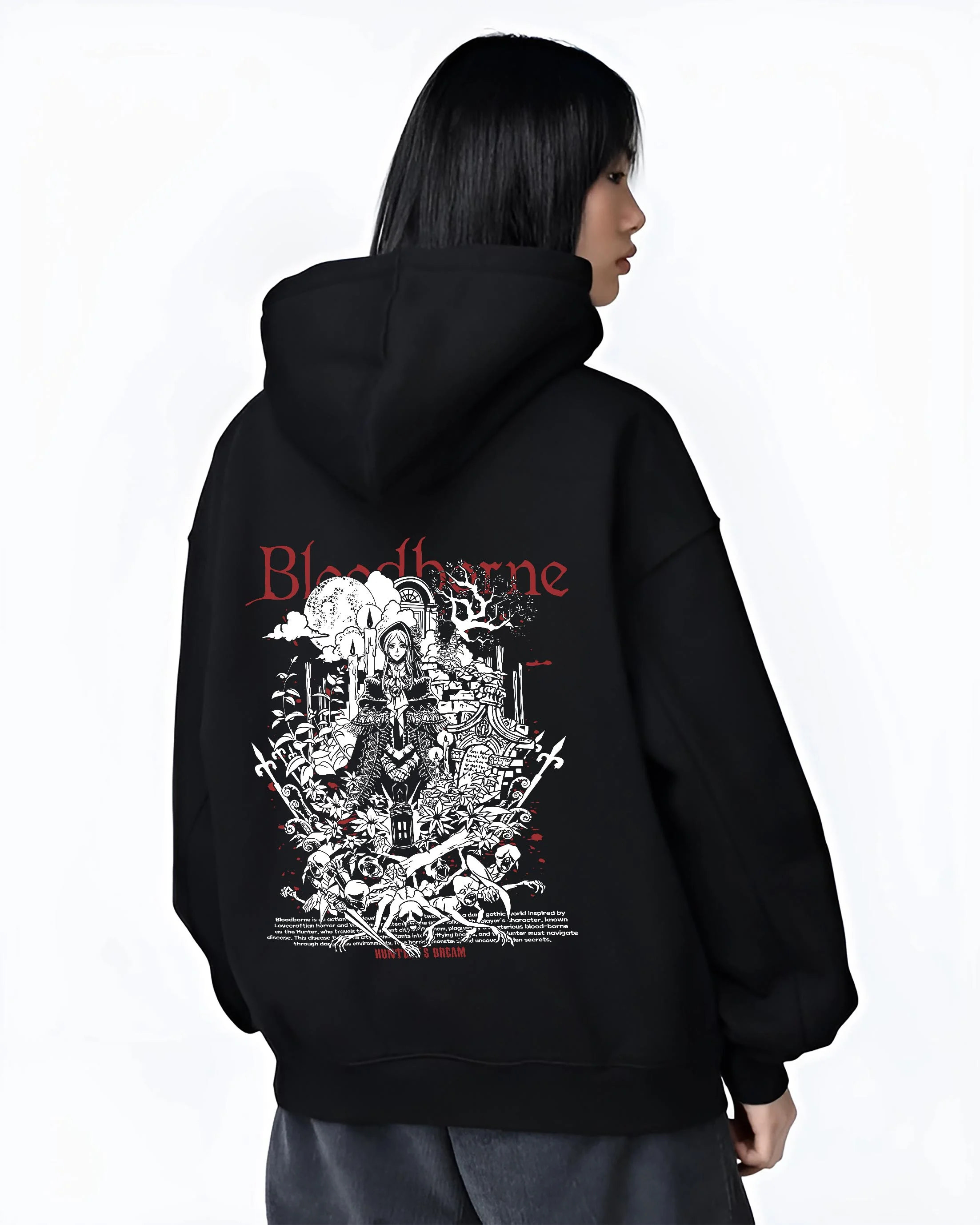 Black hoodie worn by female model, back view with Bloodborne Hoodie Gothic Hunter Dark Fantasy Poster graphic Hunter anime design.