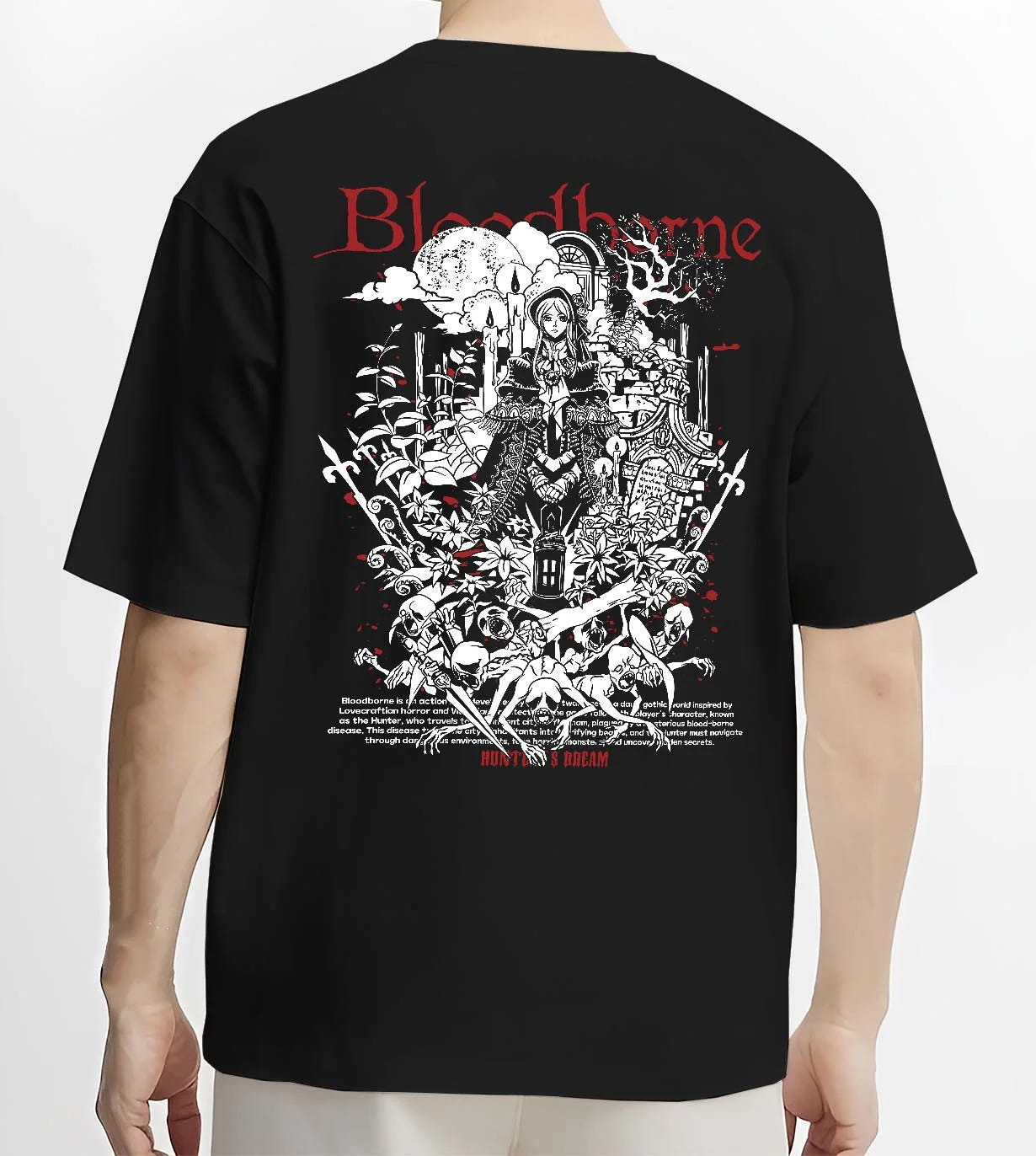 Black T-shirt worn by male model, back view with Bloodborne Hoodie Gothic Hunter Dark Fantasy Poster graphic premium wear.