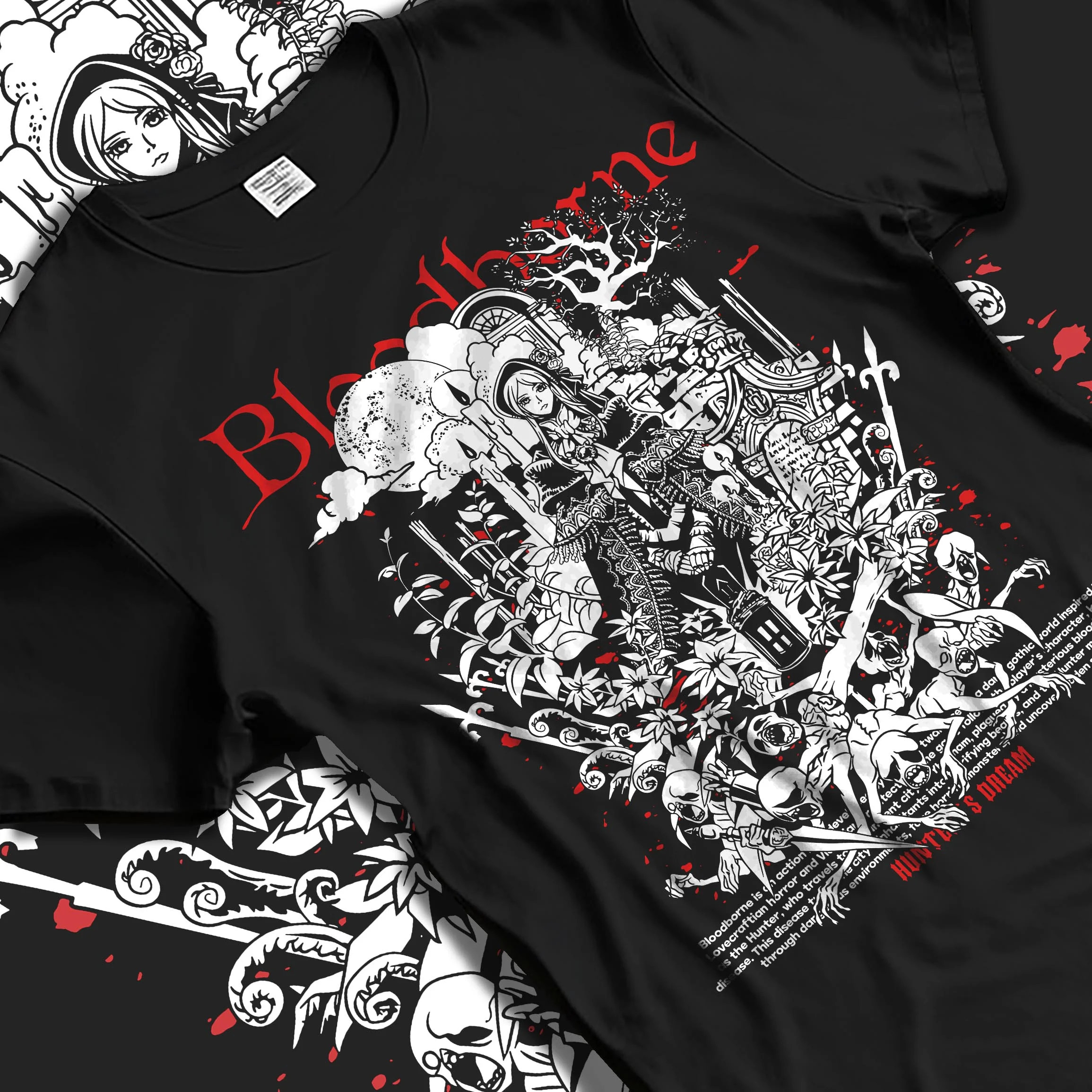 Black T-shirt laid flat with natural folds with Bloodborne Hoodie Gothic Hunter Dark Fantasy Poster graphic bold anime graphic.