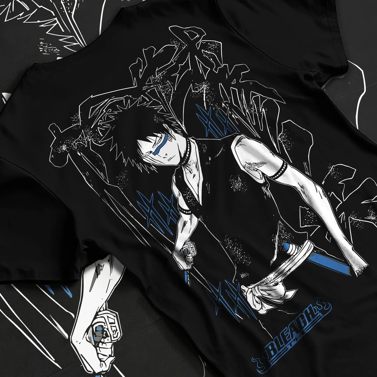 Black T-shirt flat back view showing Bleach: dark-haired swordsman with sword