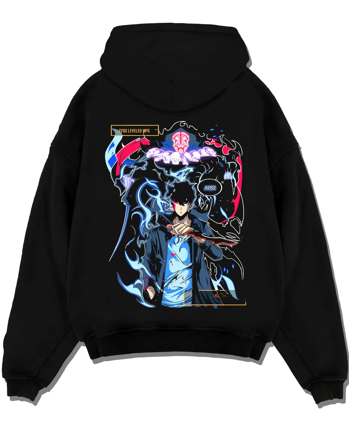Black hoodie laid flat featuring Rin Okumura Blue Exorcist blue flame artwork with bold anime graphic print.