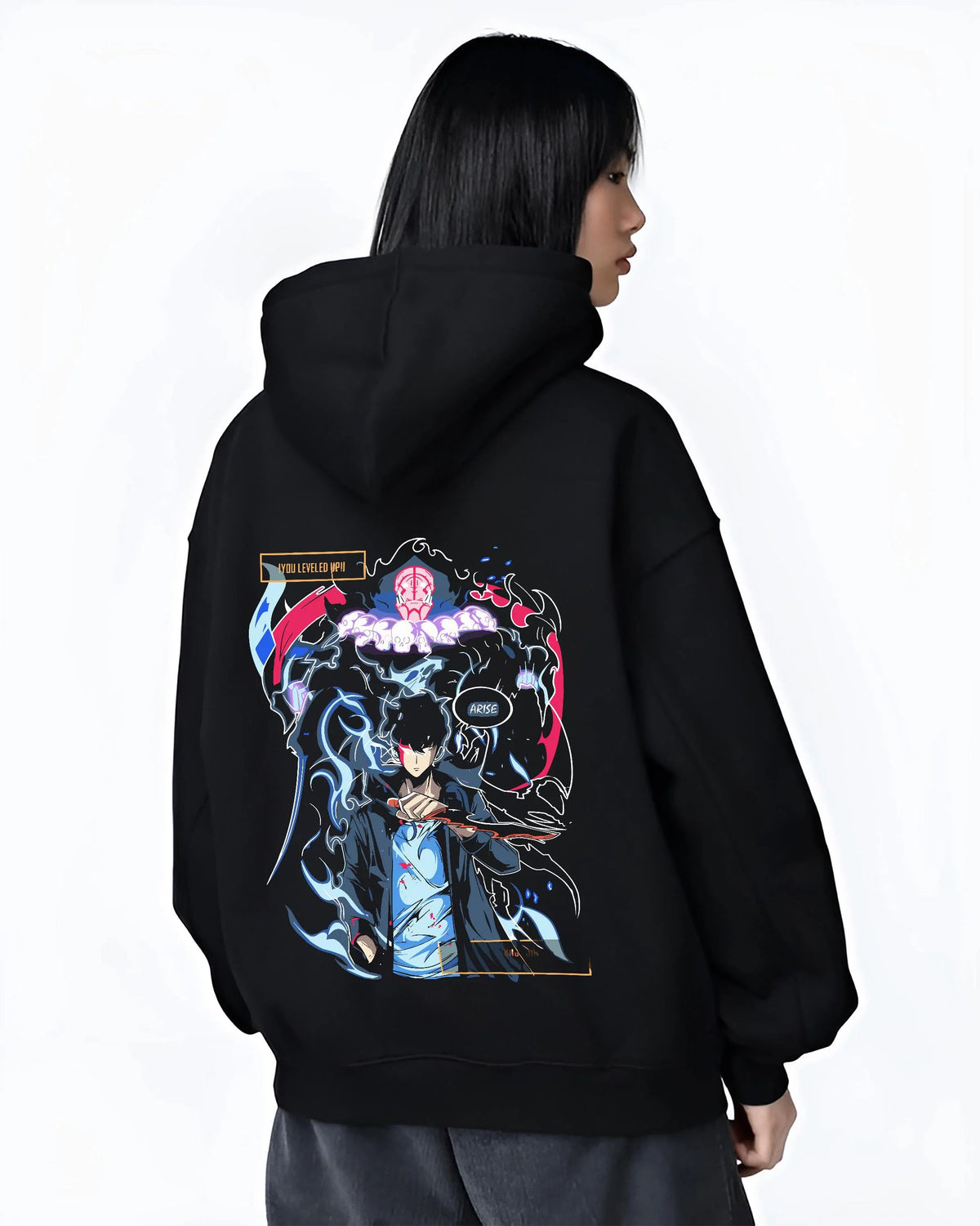 Black hoodie worn by female model from the back featuring Rin Okumura Blue Exorcist blue flame artwork.