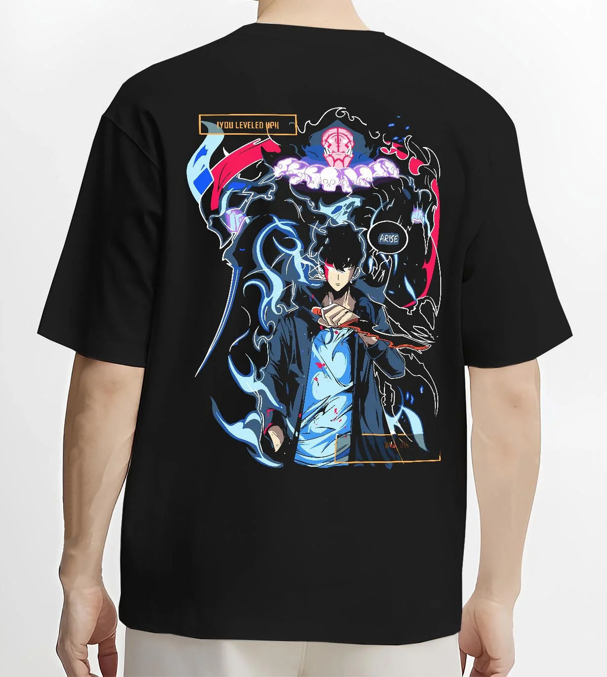 Black T-shirt worn by male model from the back featuring Rin Okumura Blue Exorcist blue flame artwork.