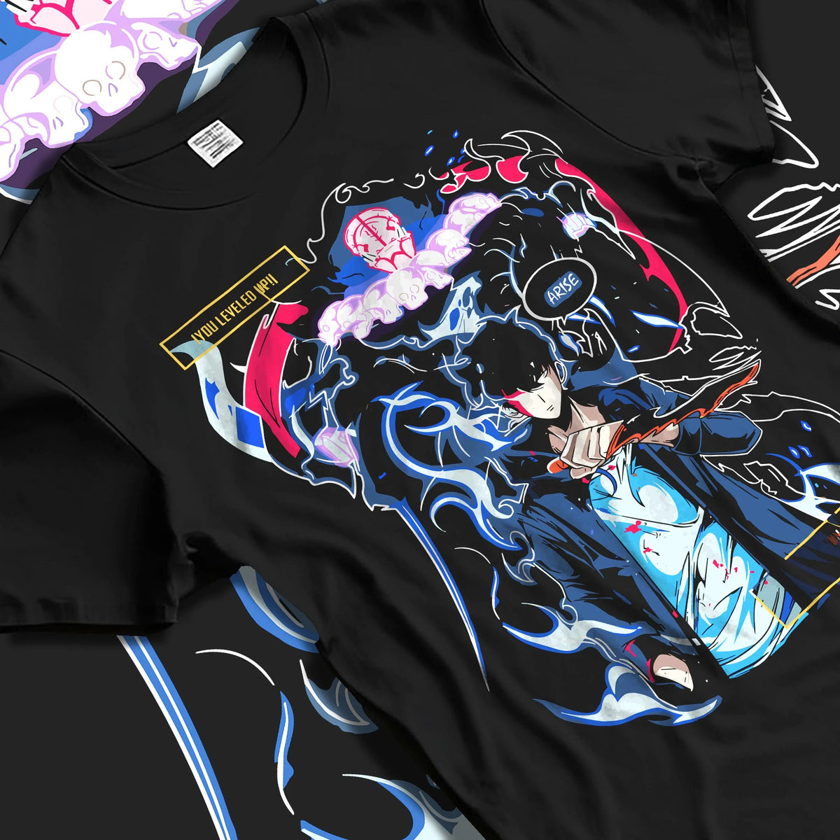 Black T-shirt laid flat with natural folds featuring Rin Okumura Blue Exorcist blue flame artwork.