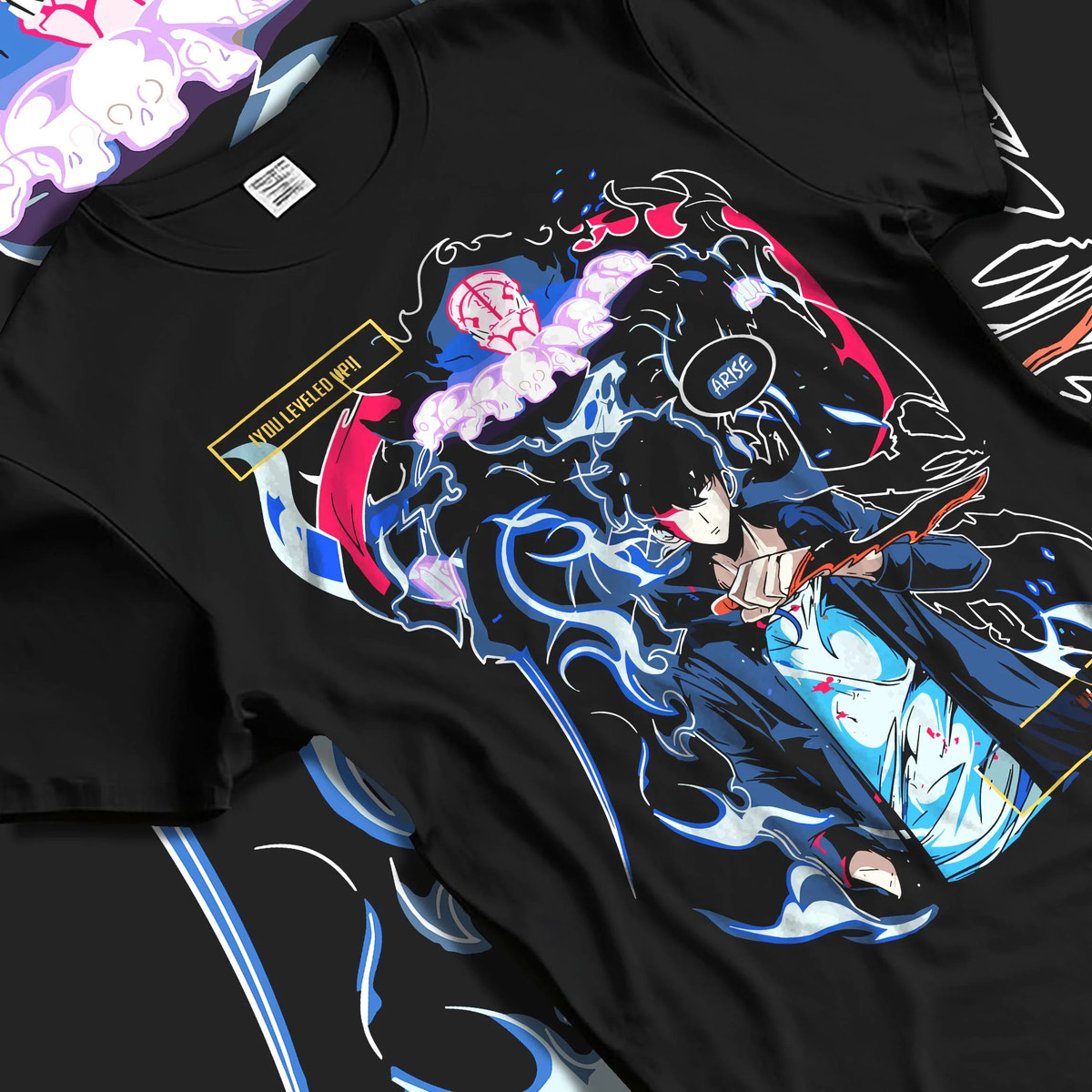 Black T-shirt laid flat with natural folds featuring Rin Okumura Blue Exorcist blue flame artwork.