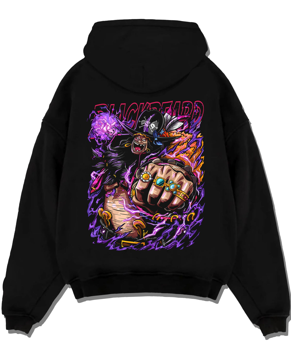 Black hoodie laid flat featuring Blackbeard One Piece dark power artwork with bold anime graphic print.