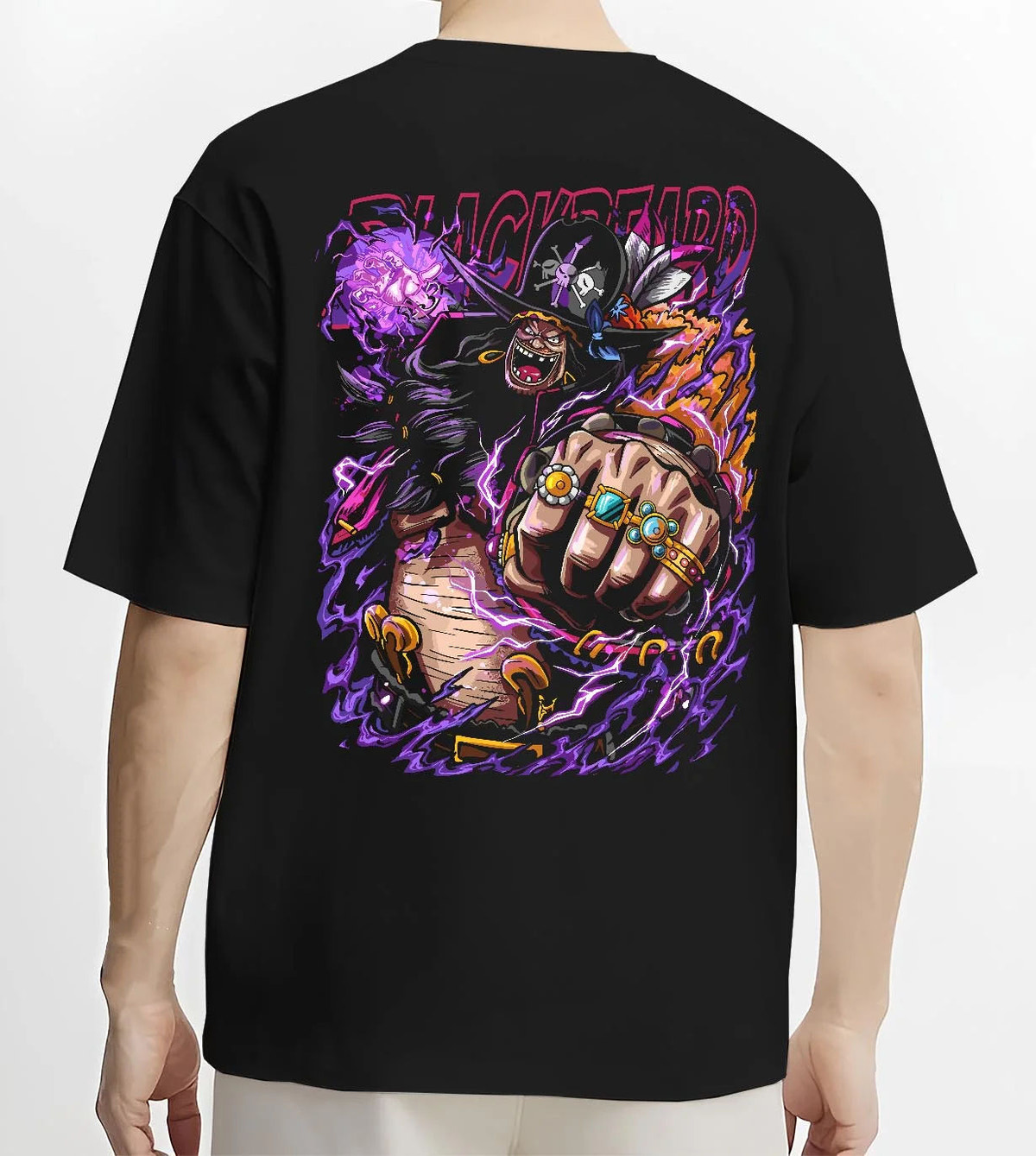 Black T-shirt worn by male model from the back featuring Blackbeard One Piece dark power artwork.