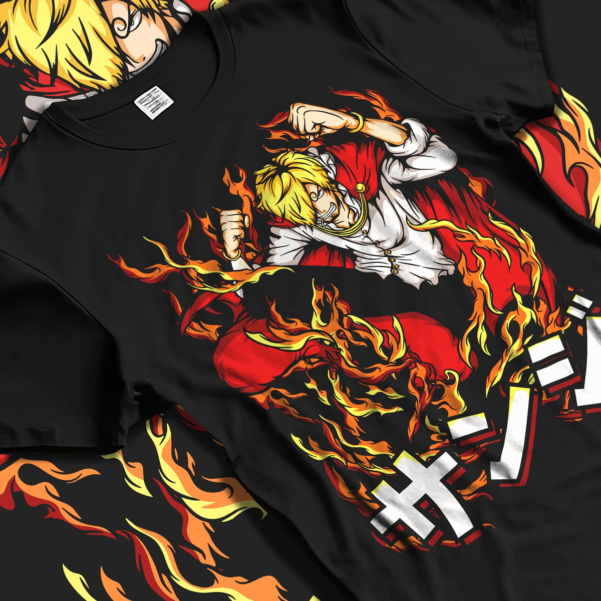 Black T-shirt laid flat with natural folds featuring Sanji Black Leg One Piece fiery kick artwork.