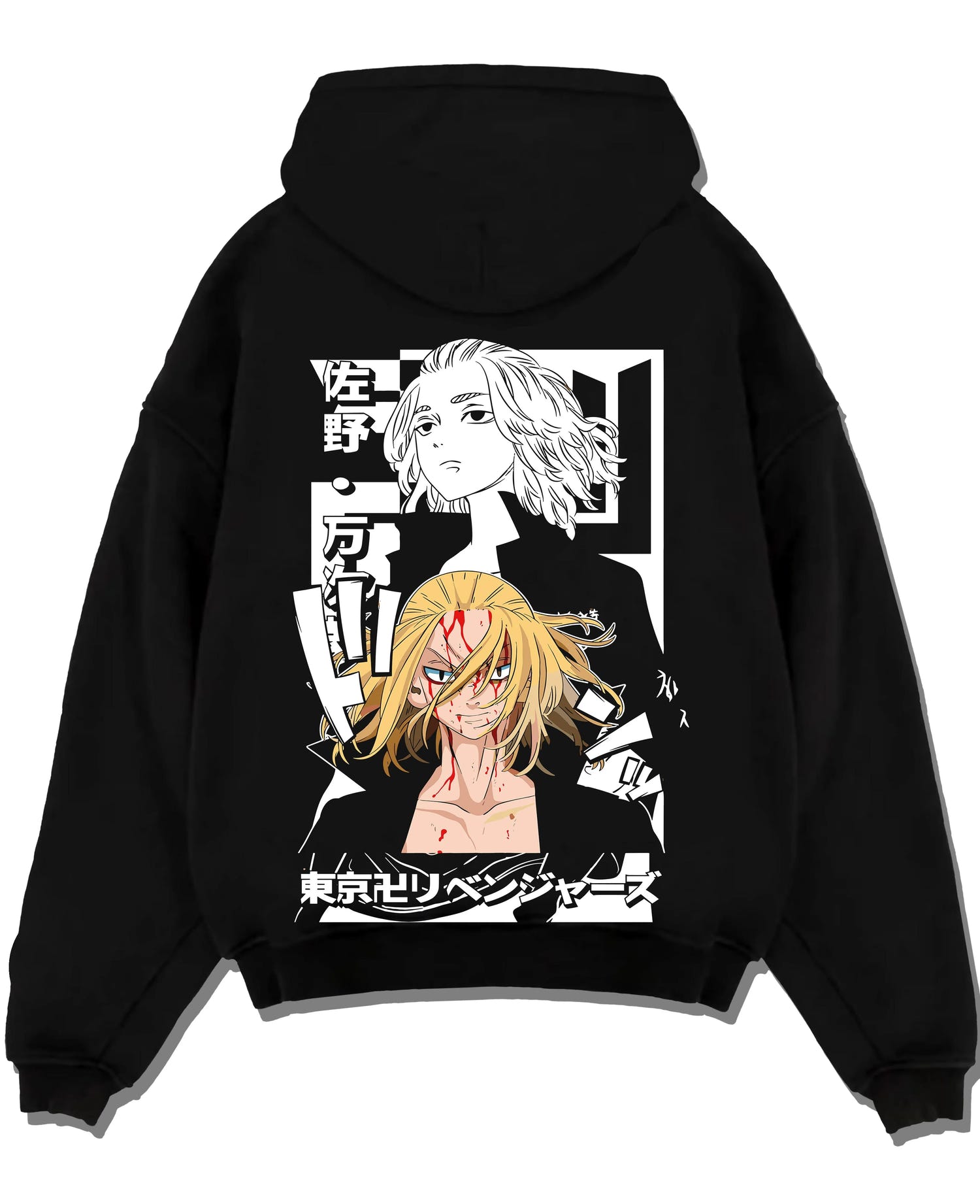 Black pullover hoodie laid flat with Tokyo Revengers Hoodie Manjiro Sano Blonde Leader graphic premium wear.