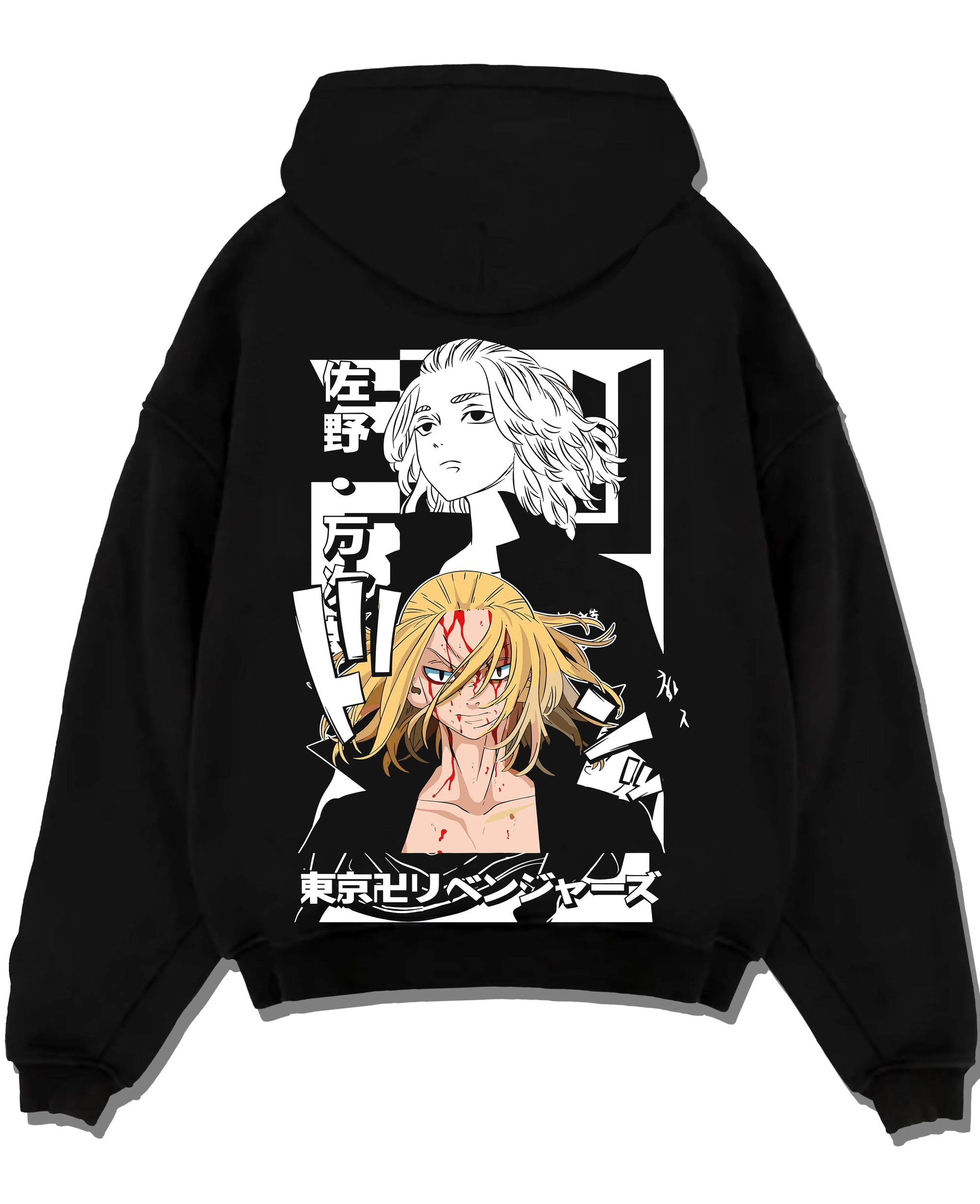 Black pullover hoodie laid flat with Tokyo Revengers Hoodie Manjiro Sano Blonde Leader graphic premium wear.