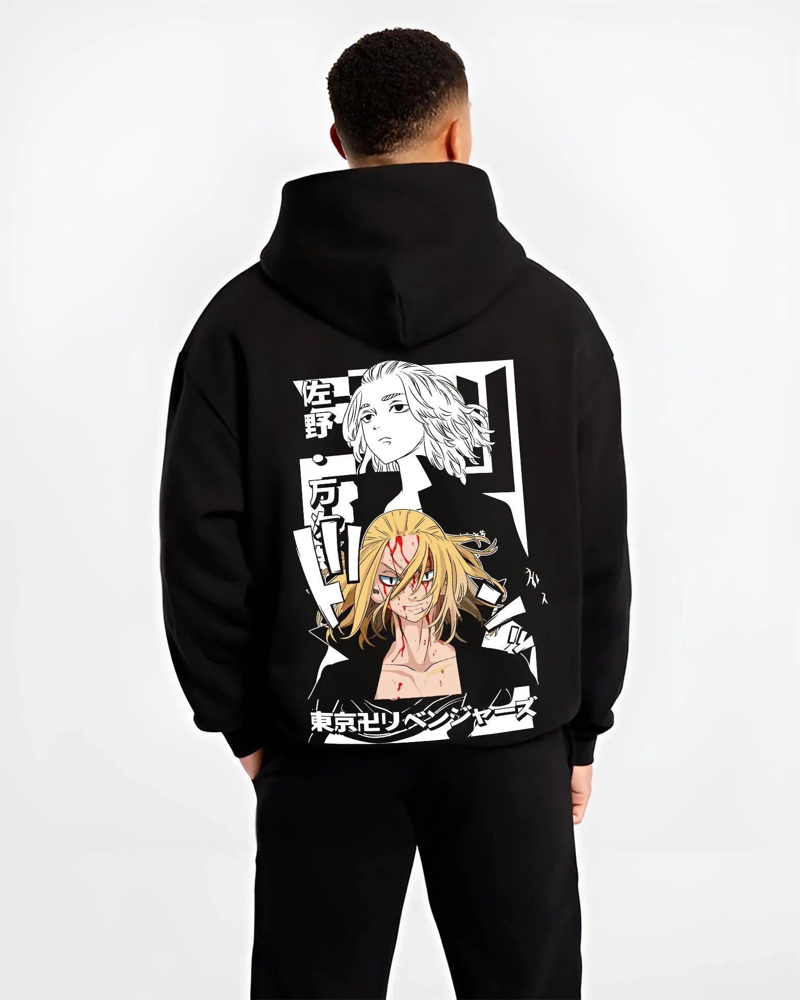 Black hoodie worn by male model, back view with Tokyo Revengers Hoodie Manjiro Sano Blonde Leader graphic bold anime graphic.