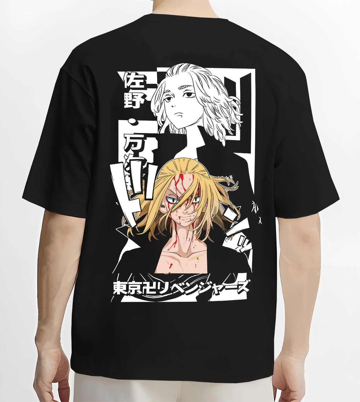Black T-shirt worn by male model, back view with Tokyo Revengers Hoodie Manjiro Sano Blonde Leader graphic bold anime graphic.