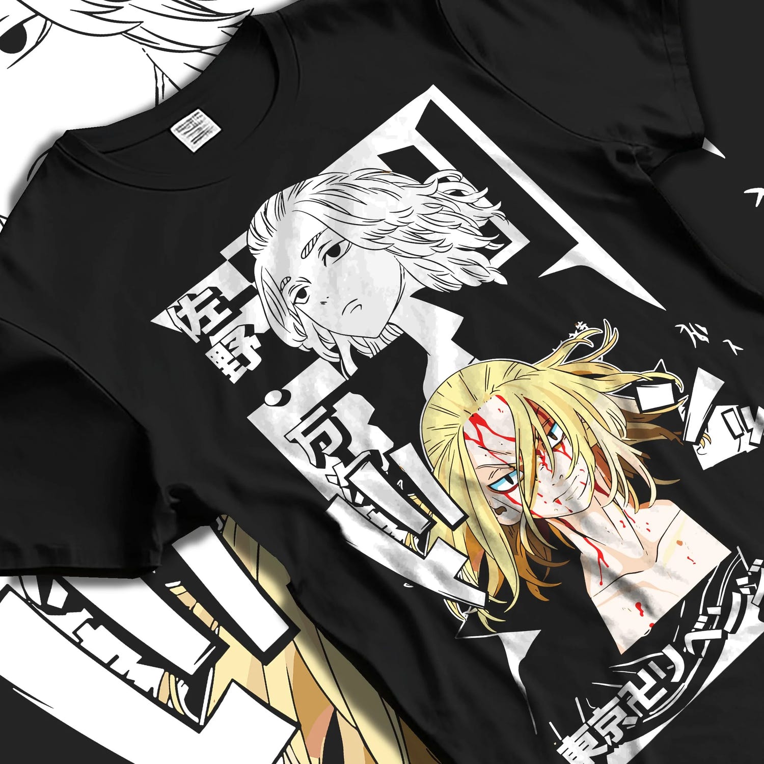 Black T-shirt laid flat with natural folds with Tokyo Revengers Hoodie Manjiro Sano Blonde Leader graphic bold anime graphic.