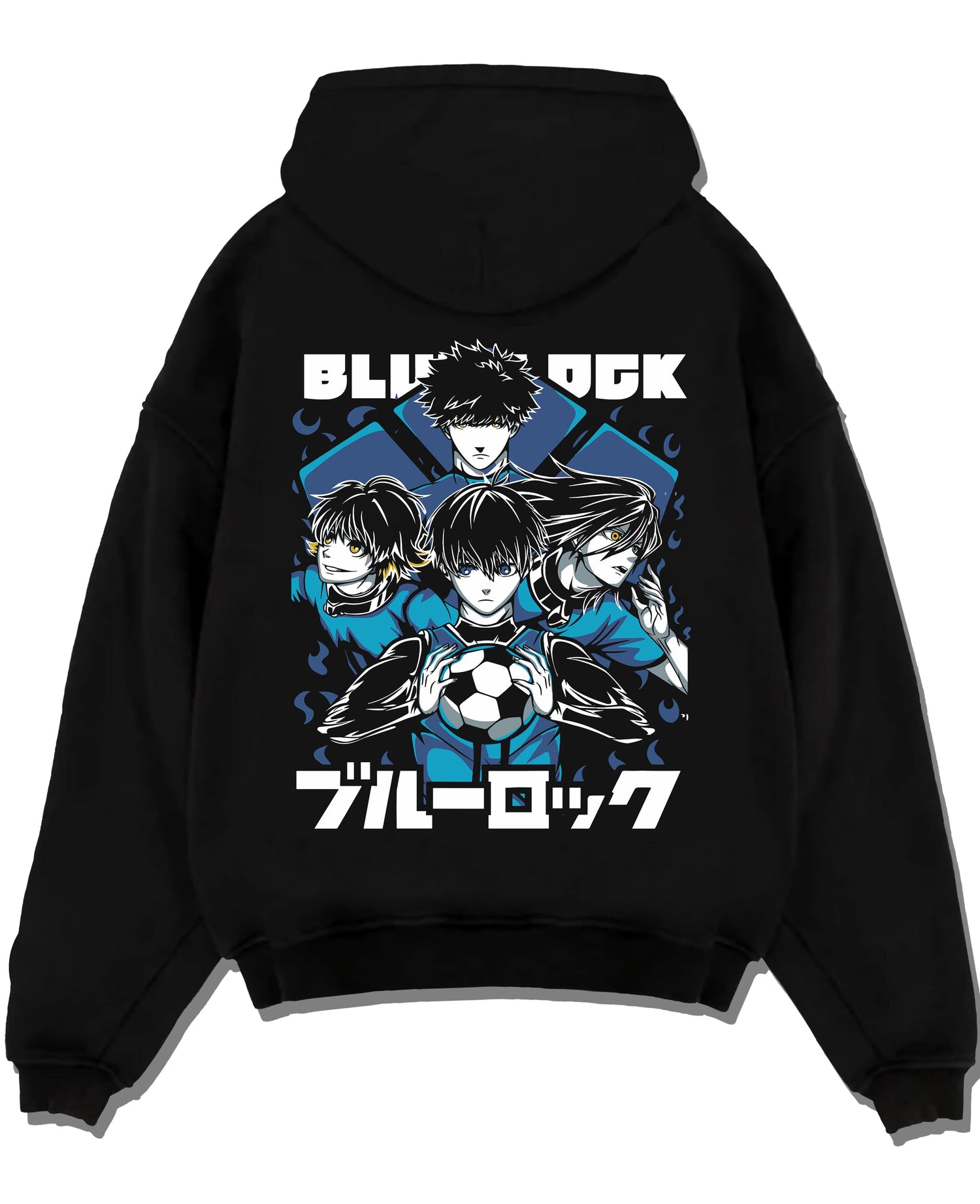 Black pullover hoodie laid flat with Blue Lock Hoodie Japan Soccer Team Trio Panel Print graphic streetwear graphic.