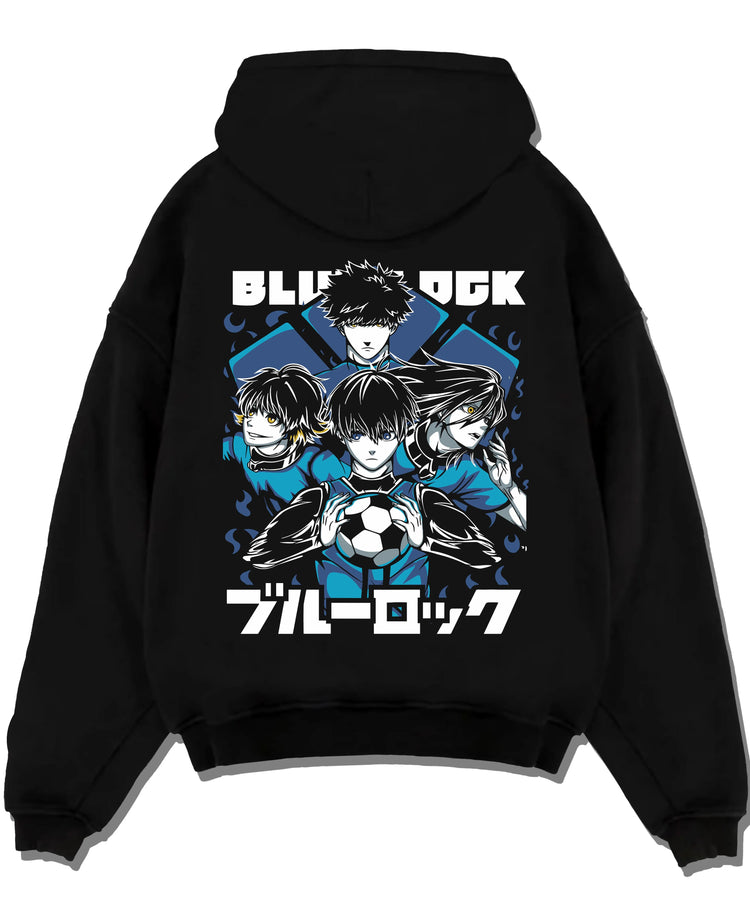 Black pullover hoodie laid flat with Blue Lock Hoodie Japan Soccer Team Trio Panel Print graphic streetwear graphic.