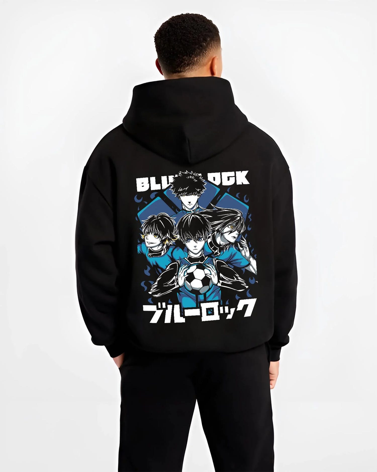 Black hoodie worn by male model, back view with Blue Lock Hoodie Japan Soccer Team Trio Panel Print graphic nan themed artwork.