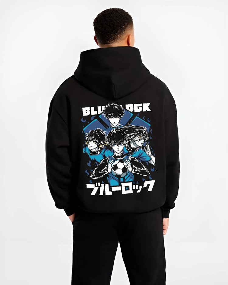 Black hoodie worn by male model, back view with Blue Lock Hoodie Japan Soccer Team Trio Panel Print graphic nan themed artwork.