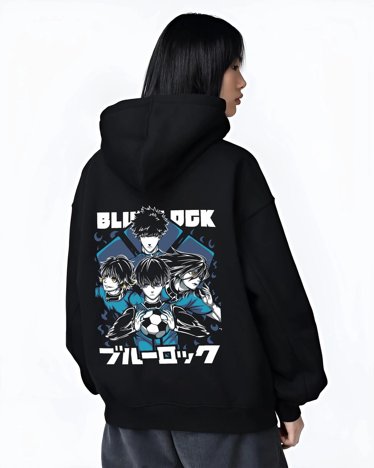 Black hoodie worn by female model, back view with Blue Lock Hoodie Japan Soccer Team Trio Panel Print graphic premium wear.