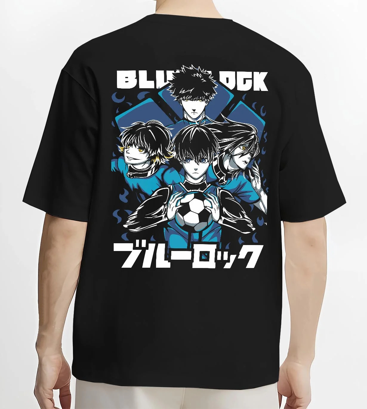 Black T-shirt worn by male model, back view with Blue Lock Hoodie Japan Soccer Team Trio Panel Print graphic nan themed artwork.