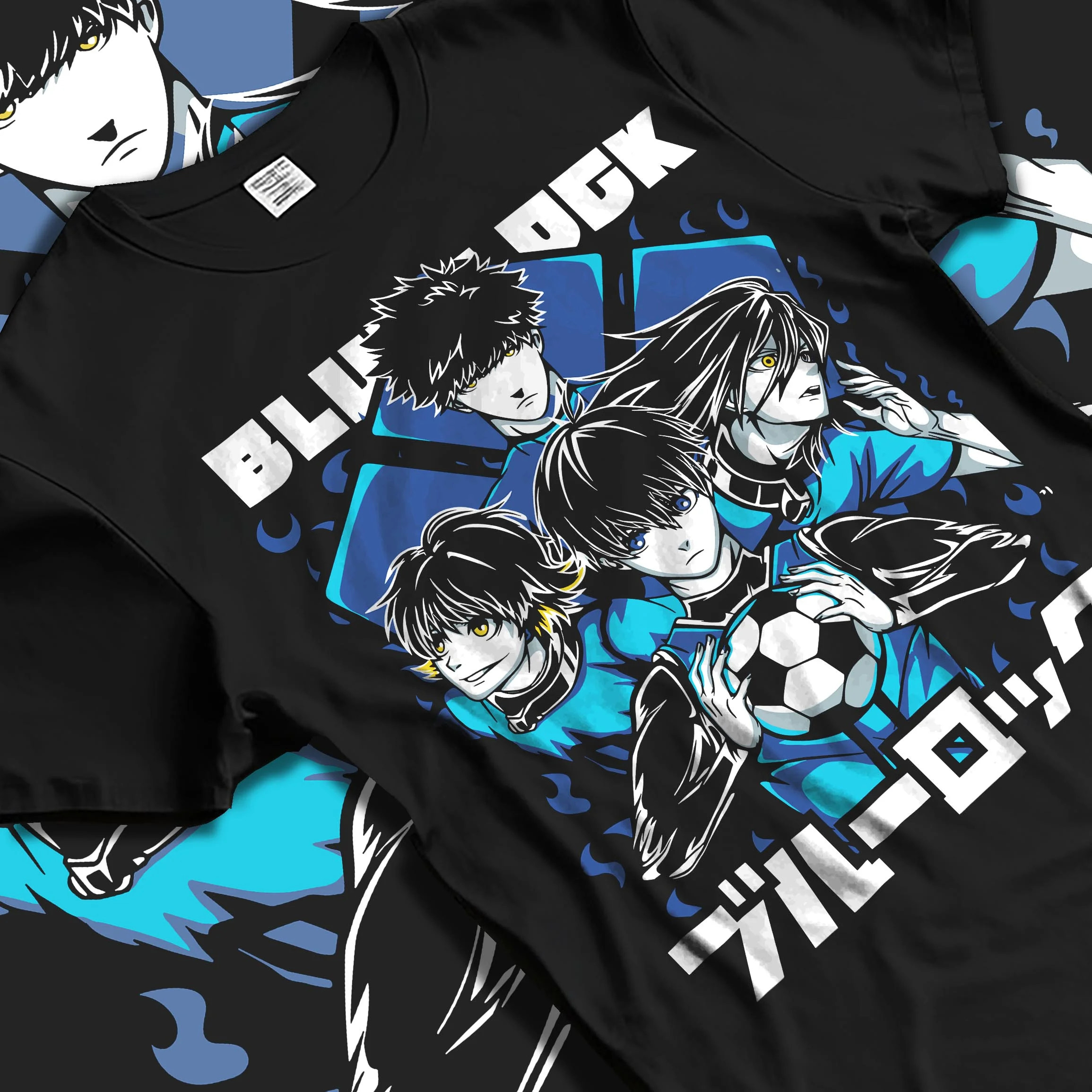 Black T-shirt laid flat with natural folds with Blue Lock Hoodie Japan Soccer Team Trio Panel Print graphic nan anime design.