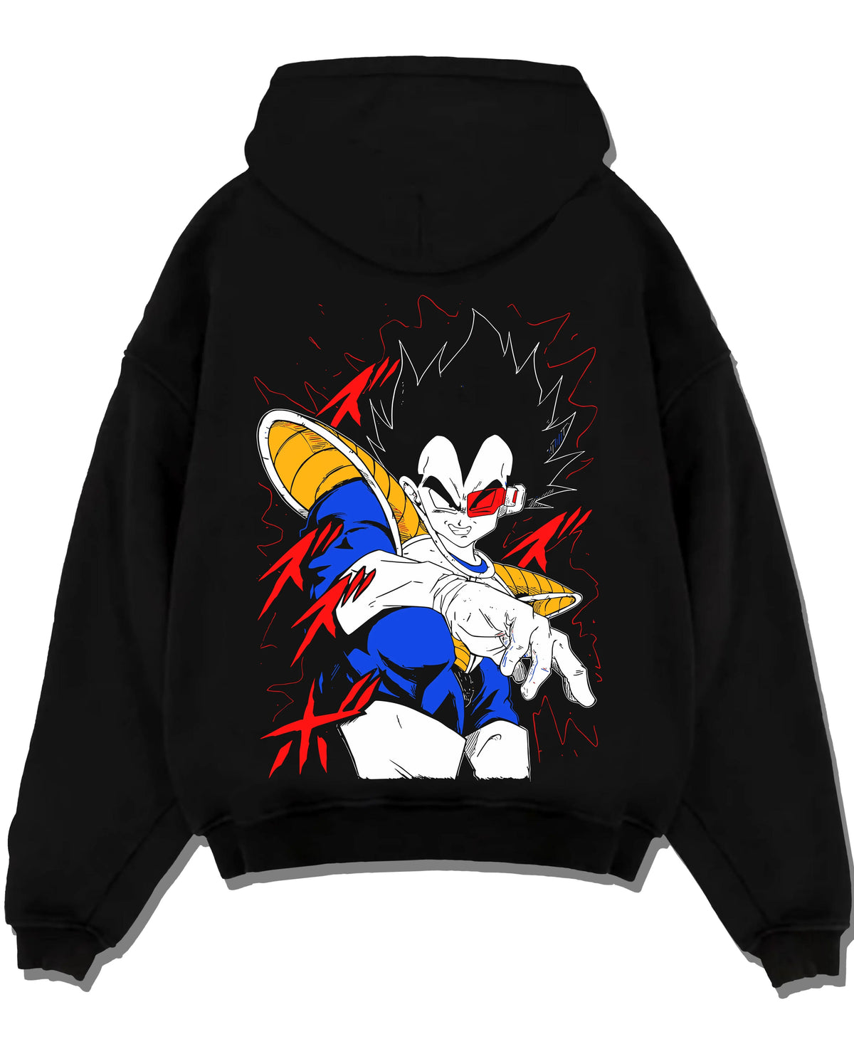 Black hoodie laid flat featuring Vegeta Dragon Ball Saiyan armour artwork with bold anime graphic print.