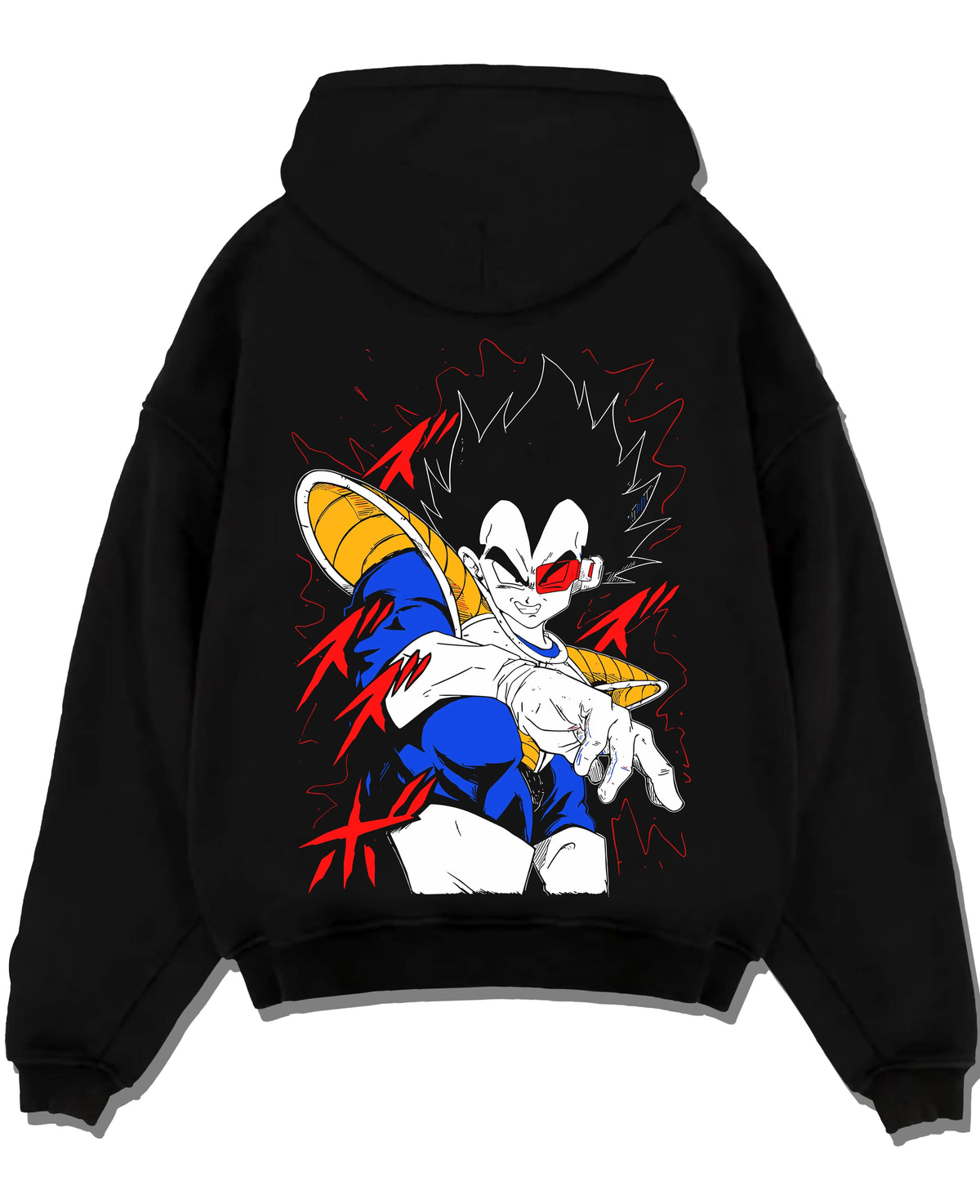 Black hoodie laid flat featuring Vegeta Dragon Ball Saiyan armour artwork with bold anime graphic print.