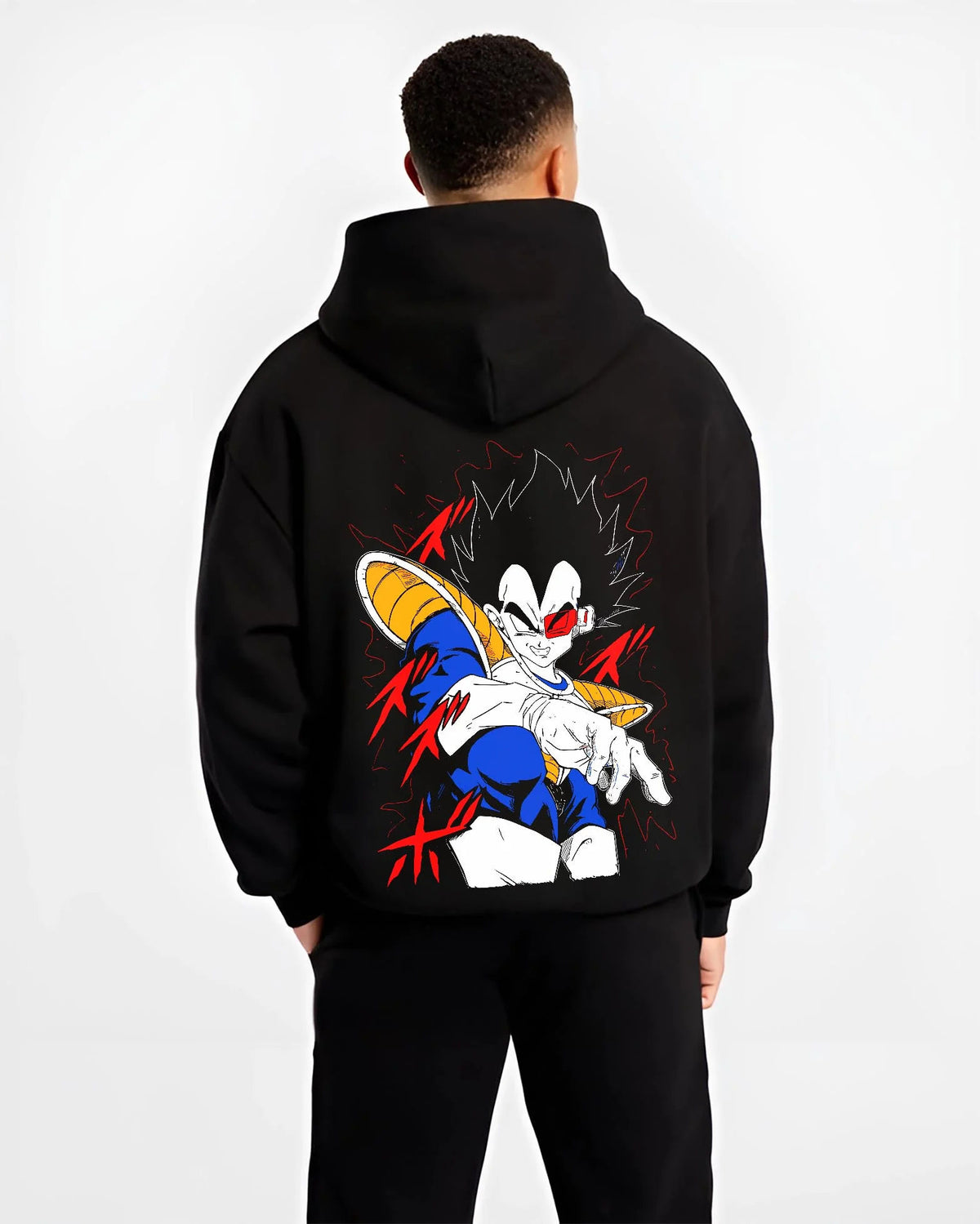 Black hoodie worn by male model from the back featuring Vegeta Dragon Ball Saiyan armour artwork.