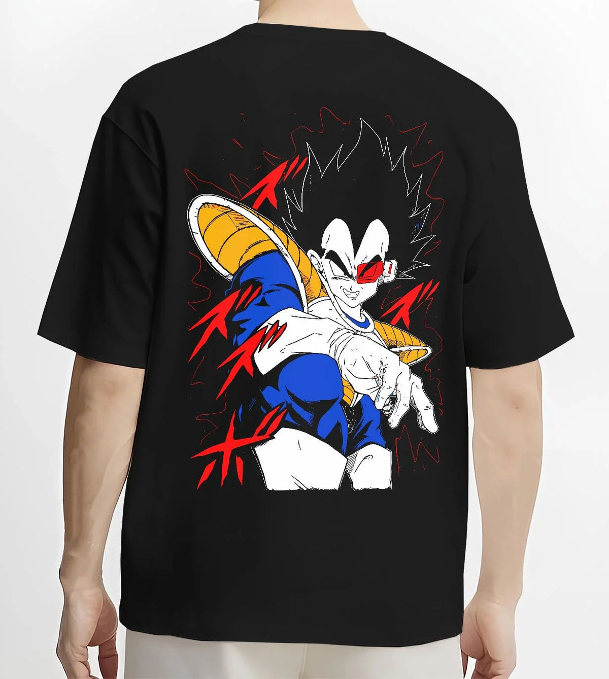 Black T-shirt worn by male model from the back featuring Vegeta Dragon Ball Saiyan armour artwork.