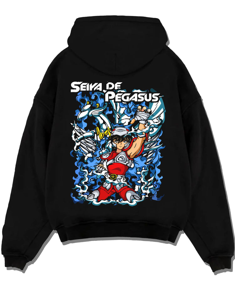 Black hoodie laid flat featuring Pegasus Seiya Saint Seiya blue armour artwork with bold anime graphic print.