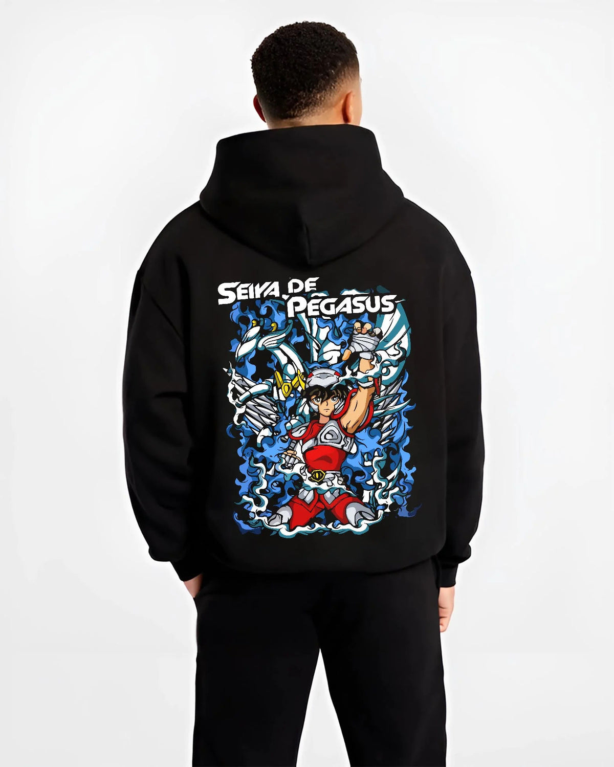 Black hoodie worn by male model from the back featuring Pegasus Seiya Saint Seiya blue armour artwork.