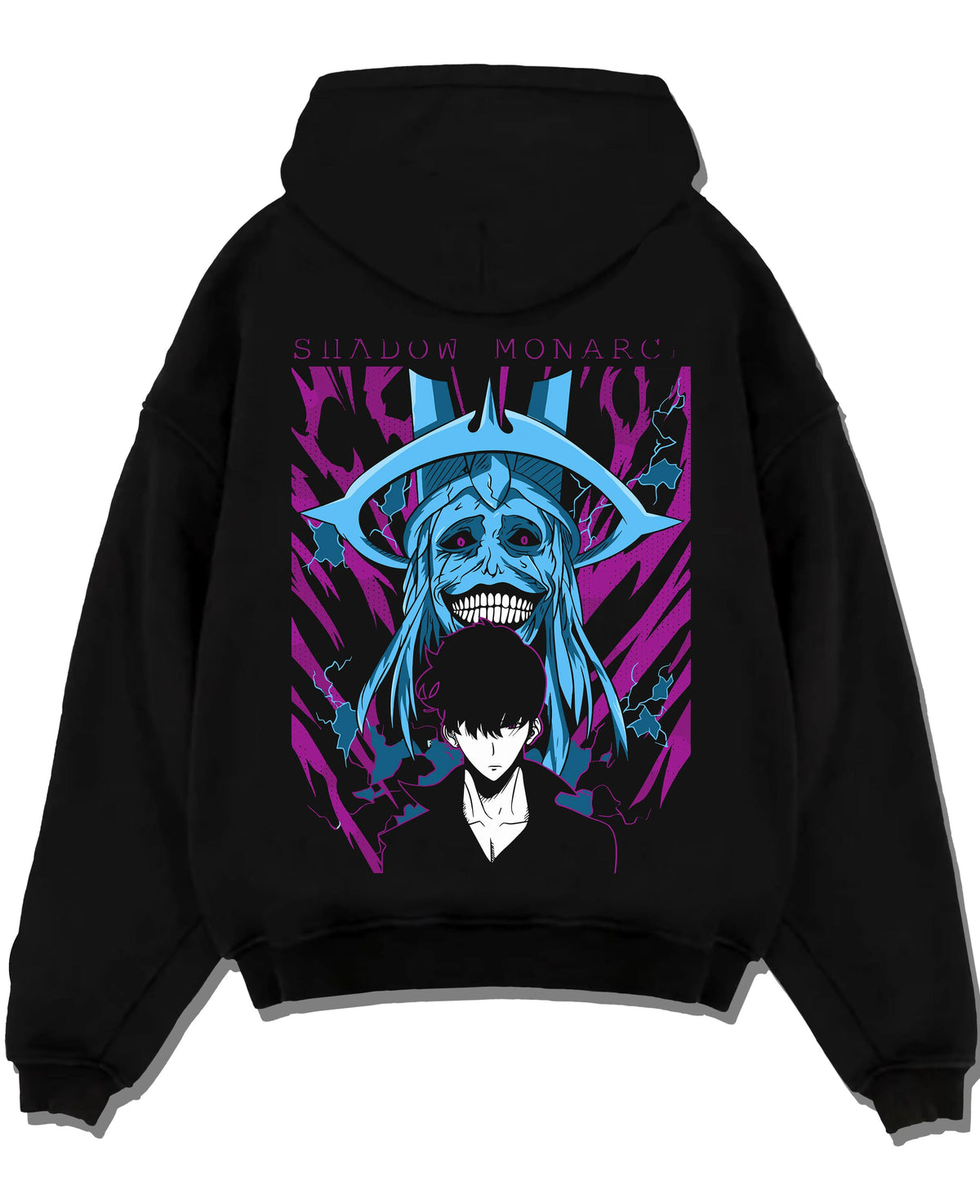 Black hoodie laid flat featuring Sung Jin-Woo Solo Leveling blue aura artwork with bold anime graphic print.