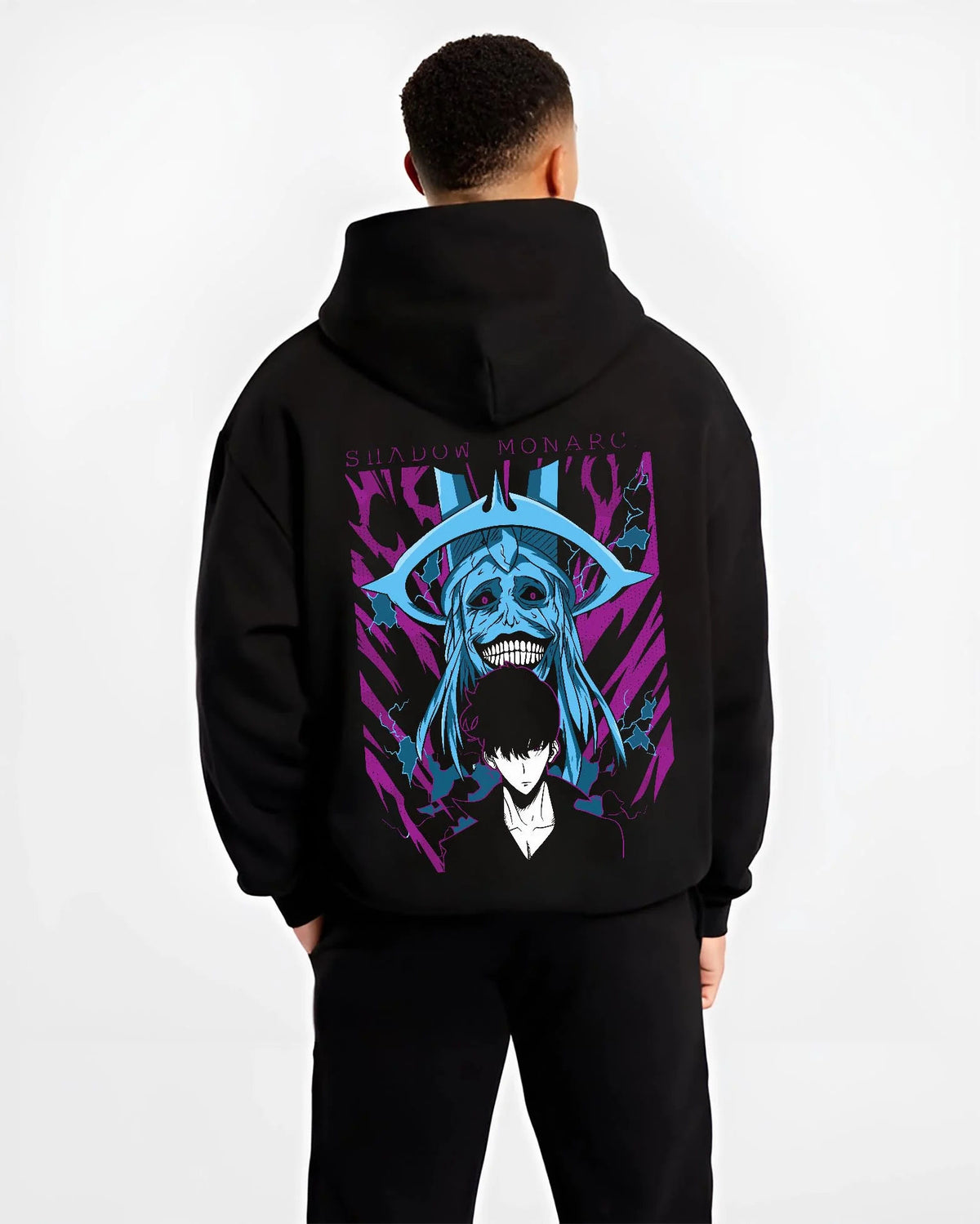 Black hoodie worn by male model from the back featuring Sung Jin-Woo Solo Leveling blue aura artwork.
