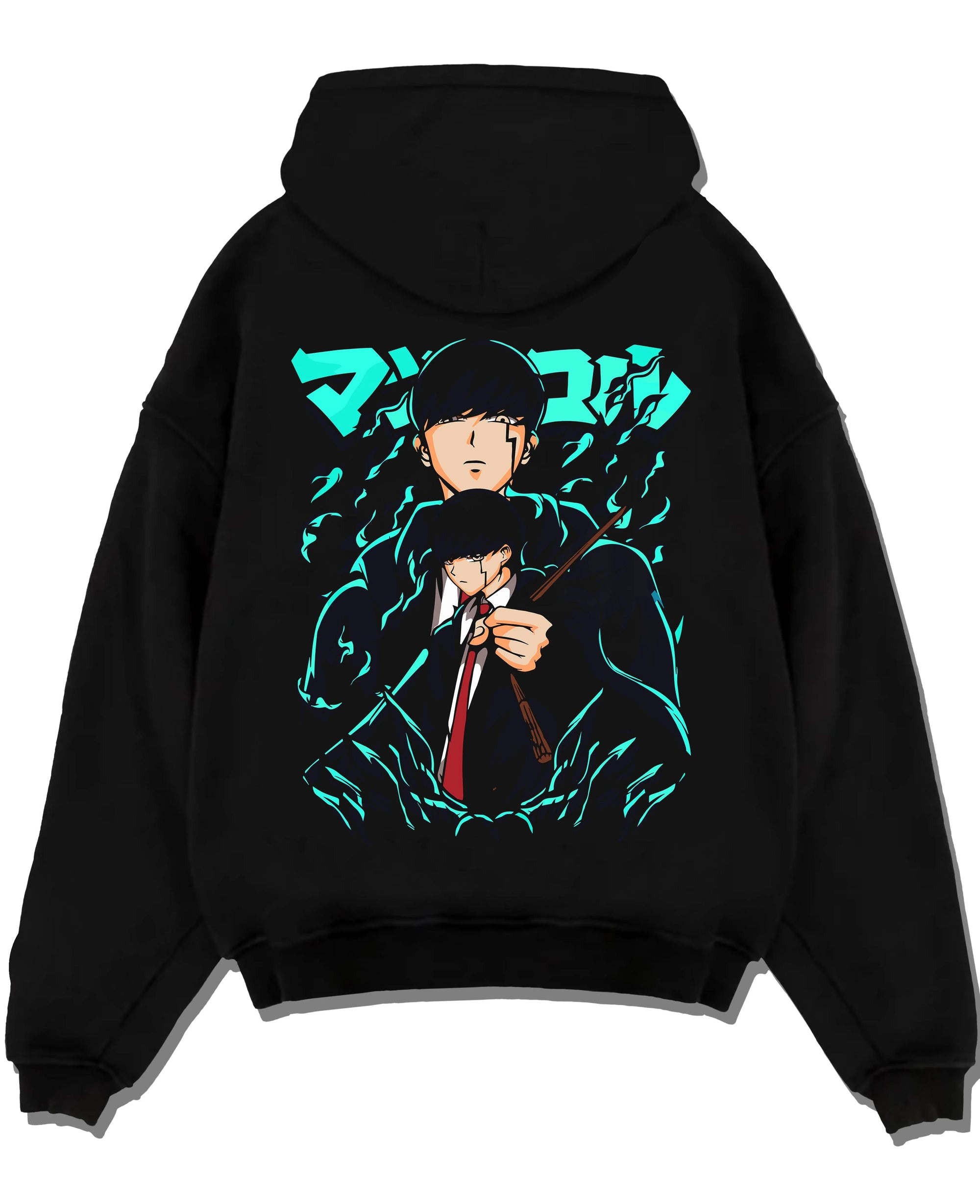 Black pullover hoodie laid flat with Mashle Magic Muscles Hoodie Blue Dynamic Jumper graphic bold anime graphic.