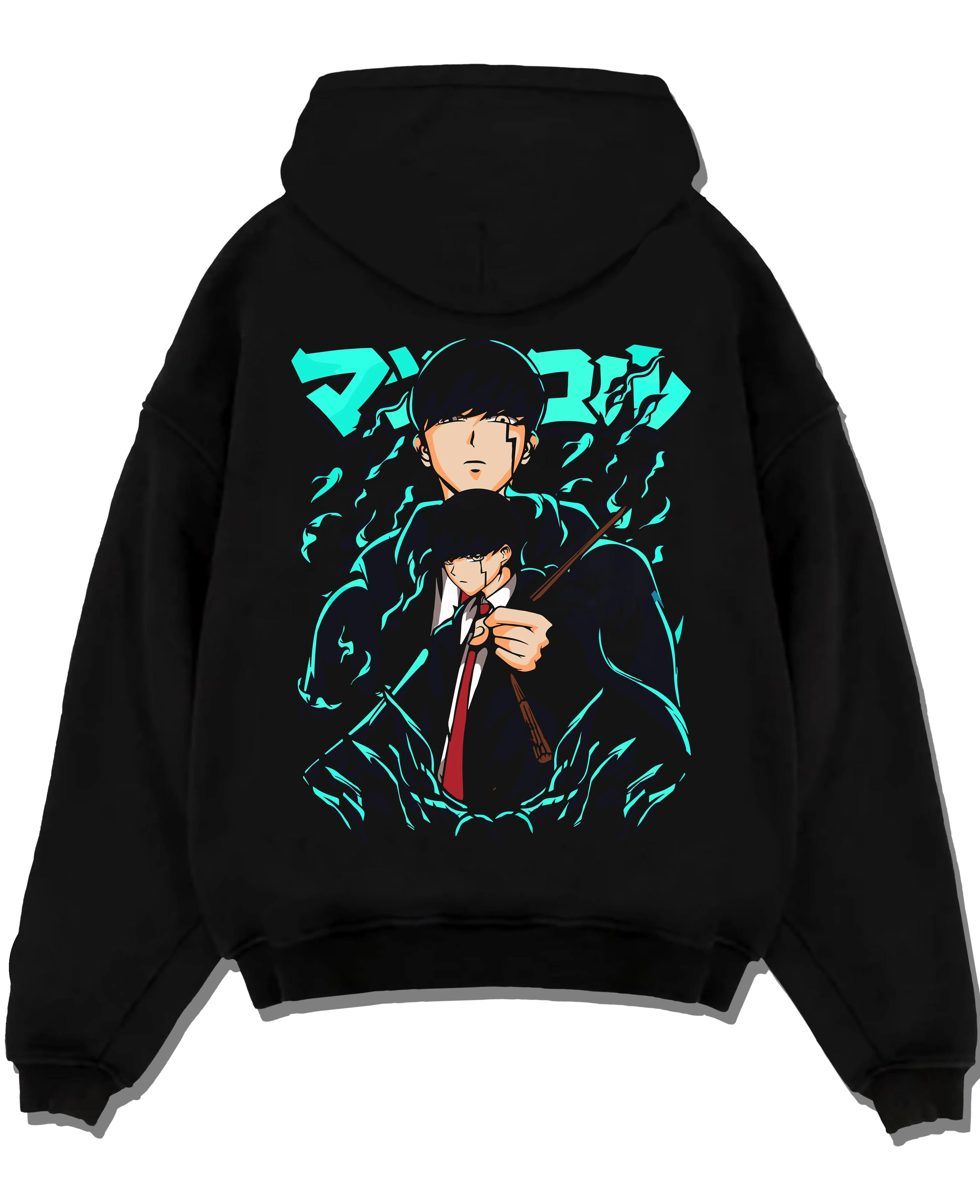 Black pullover hoodie laid flat with Mashle Magic Muscles Hoodie Blue Dynamic Jumper graphic bold anime graphic.