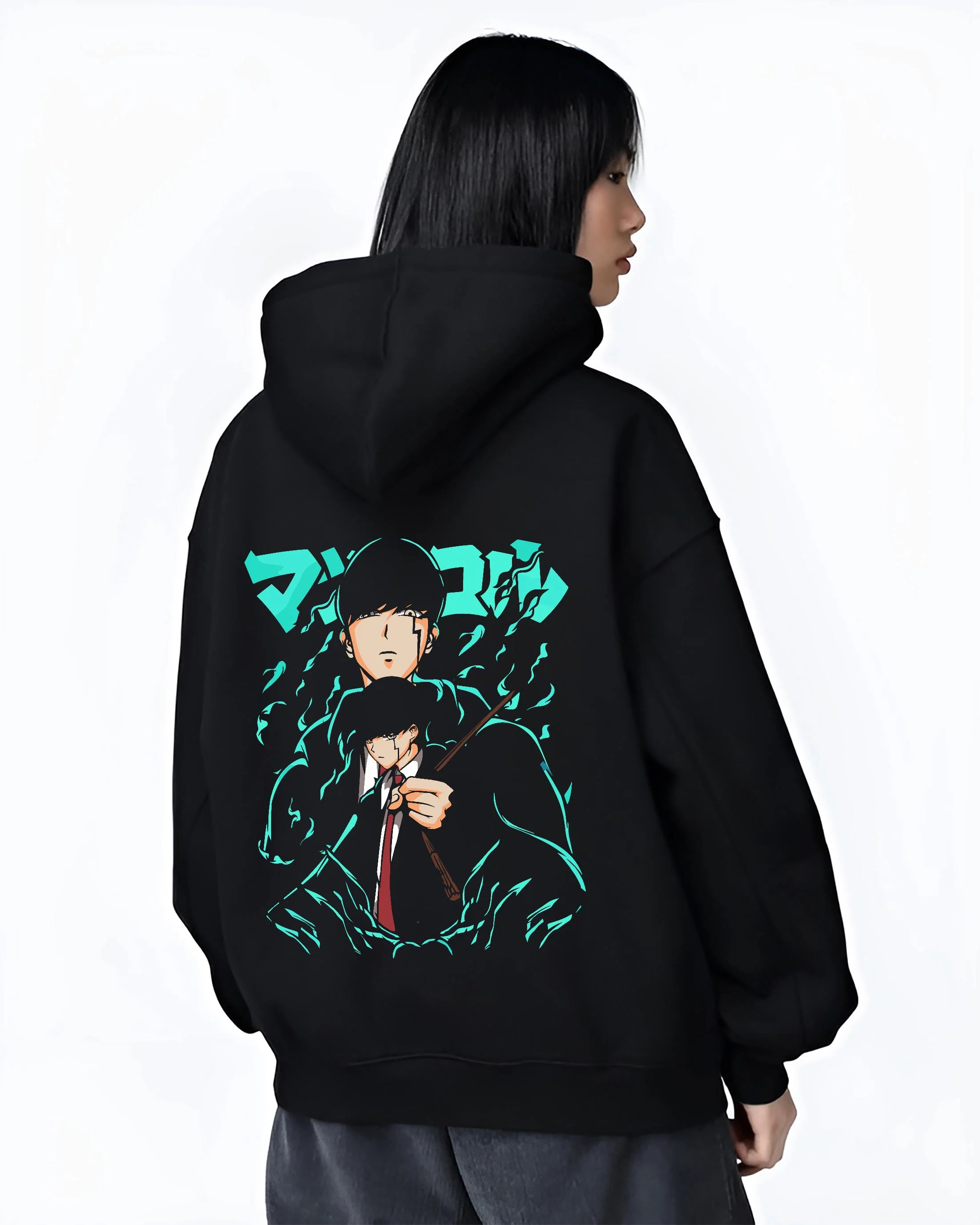 Black hoodie worn by female model, back view with Mashle Magic Muscles Hoodie Blue Dynamic Jumper graphic streetwear graphic.