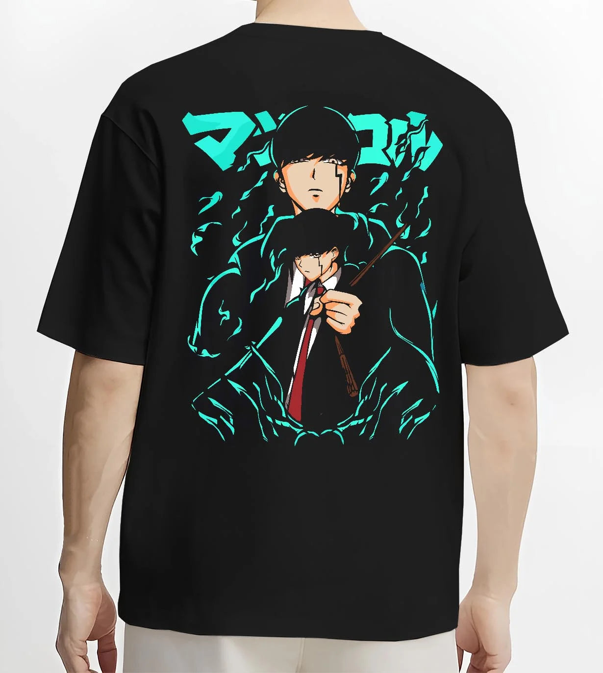 Black T-shirt worn by male model, back view with Mashle Magic Muscles Hoodie Blue Dynamic Jumper graphic streetwear graphic.