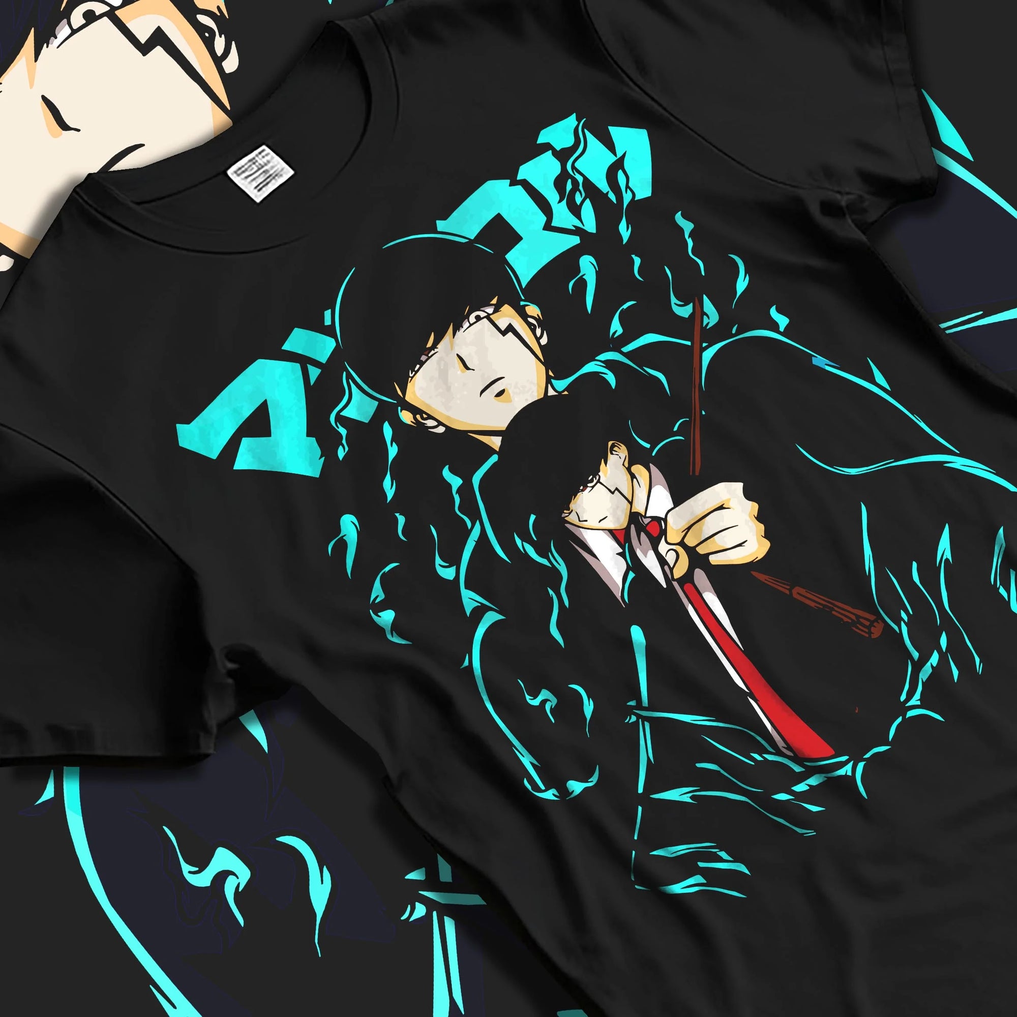 Black T-shirt laid flat with natural folds with Mashle Magic Muscles Hoodie Blue Dynamic Jumper graphic premium wear.