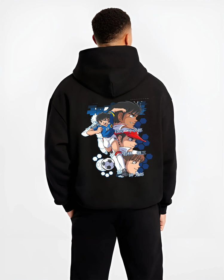 Black hoodie model back view showing Blue Lock: Isagi and other footballers