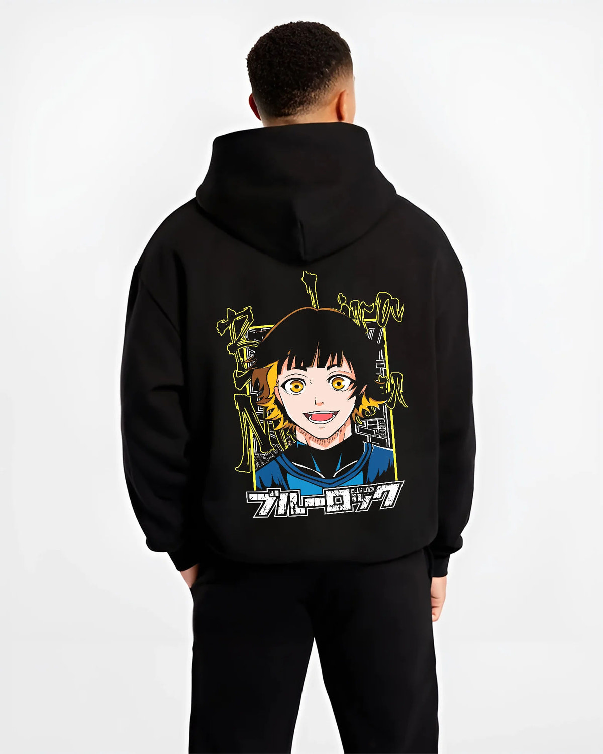 Black hoodie model back view showing Blue Lock: player with yellow eyes