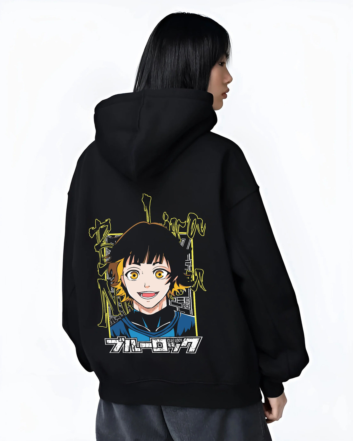 Black hoodie female model back view showing Blue Lock: player with yellow eyes