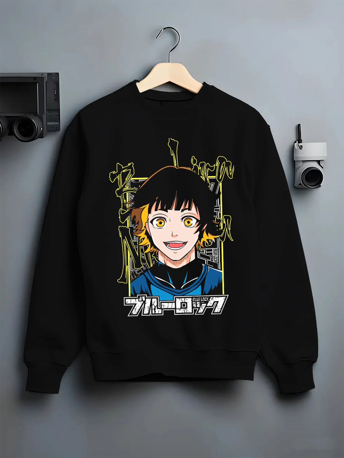 Black crewneck sweatshirt on hanger showing Blue Lock: player with yellow eyes